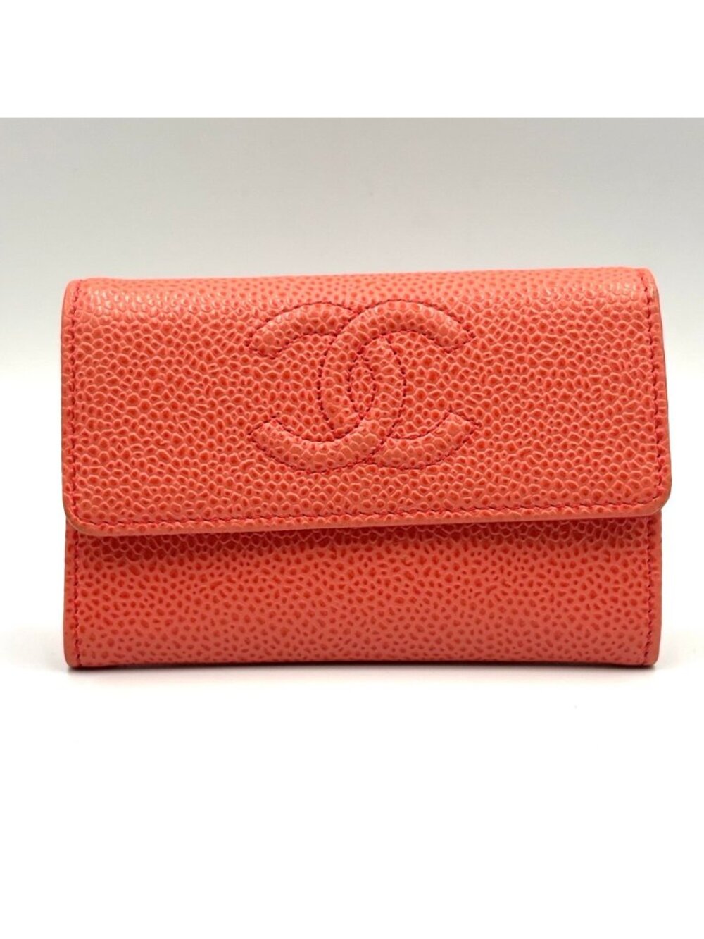 Chanel CC Logo Caviar Leather Coral Pink Card Case Silver